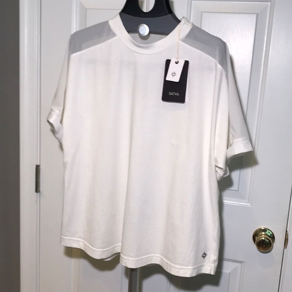 Satva Adrit Mesh Panel Tee XL 100% Organic Cotton White Short Sleeve NWT